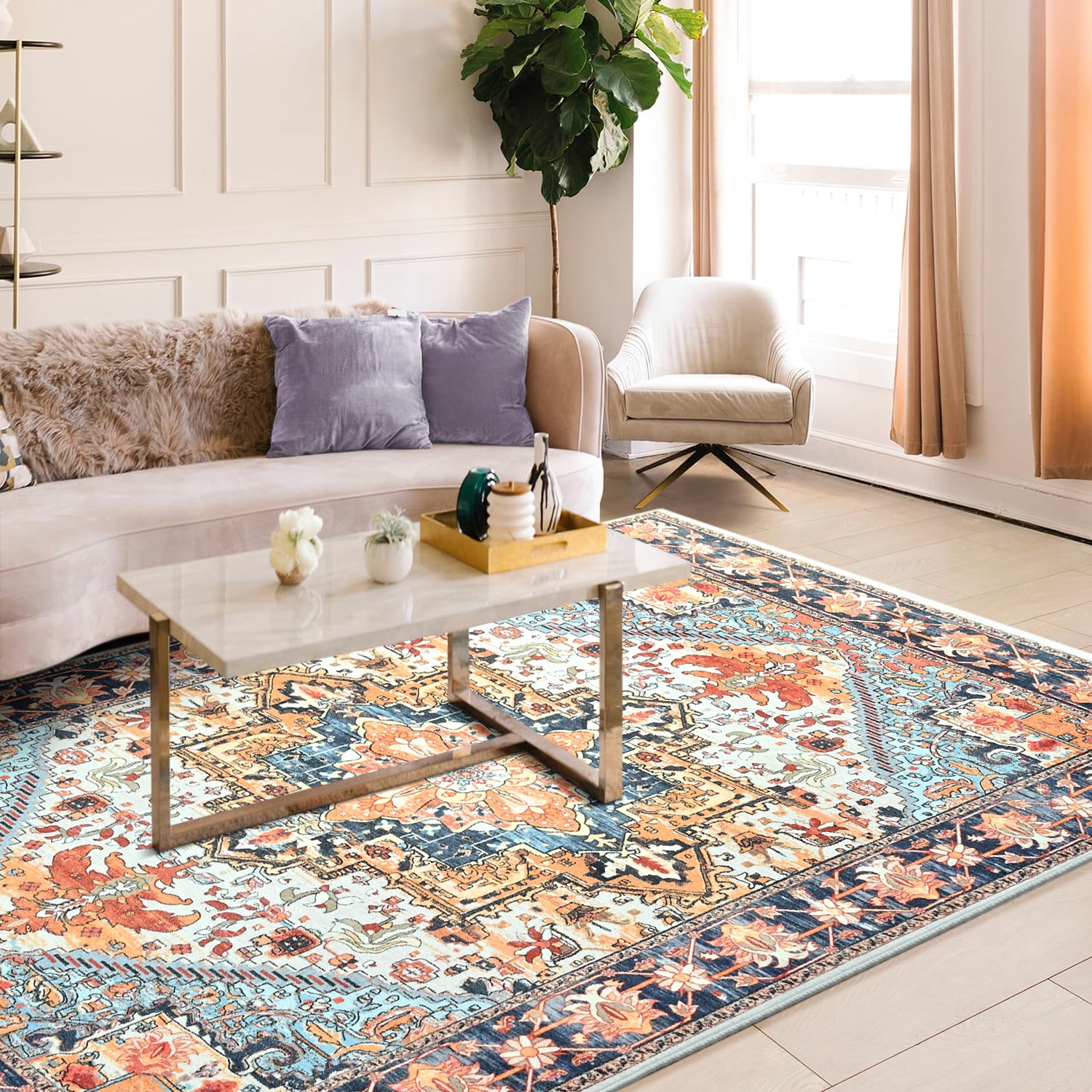 Lochas Vintage Floral Rugs Soft Accent Area Rug Low-Pile Carpet for Living Room Bedroom Home Decor,6'x9',Orange