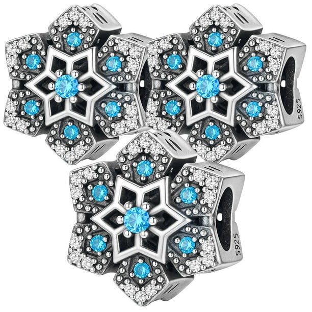 Dije cristal de nieve XmasSnowflake01 3Pzas Plata S925 Chapa Separador Fijo Copo de Nieve Plata/Azul Caja Blanca 4x4cm.