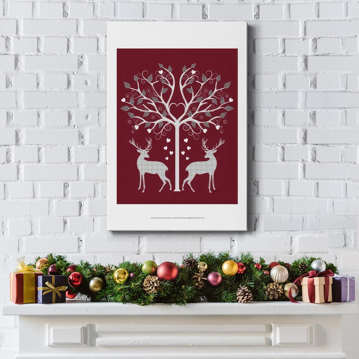 Christmas Des - Deer and Heart Tree, Grey on Red- Gallery Wrapped Canvas