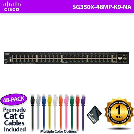 Cisco SG350X-48MP-K9-NA SG350X 48MP 48 Port Switch + 48 x 6-Inch Cat6 Cables (Blue) + 1 Year Extended