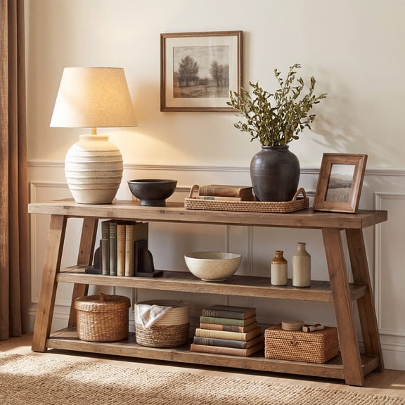 Finmind 63" Solid Wood Console Table, 3-Tier Farmhouse Entryway Table with Storage Shelves, Rustic Sofa Table Behind Couch for Hallway, Foyer, Easy Assembly
