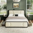 thumbnail image 2 of KOUSEI Full Bed Frame with Tall Storage Headboard, Platform Bed with 2 Drawers, Velvet Upholstered Bed Frame with Charging Station, Beige, 2 of 9