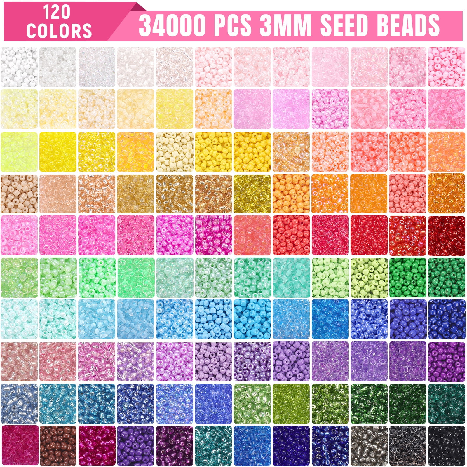 Funtopia Seed Beads Kit, 120 Colors, 34000pcs, Small Glass Beads, Alphabet Beads, 3mm