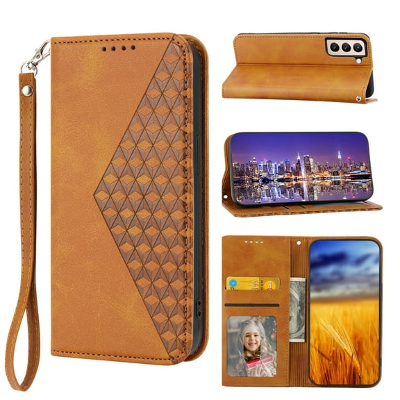 Tarise for Samsung Galaxy S21 Plus 5G Flip Cover, Luxury PU Leather Shockproof Folding Kickstand Card Holder Pocket Wallet Wrist Strap Handbag Magnetic Phone Case for Samsung S21 Plus 6.7 inch, Yellow