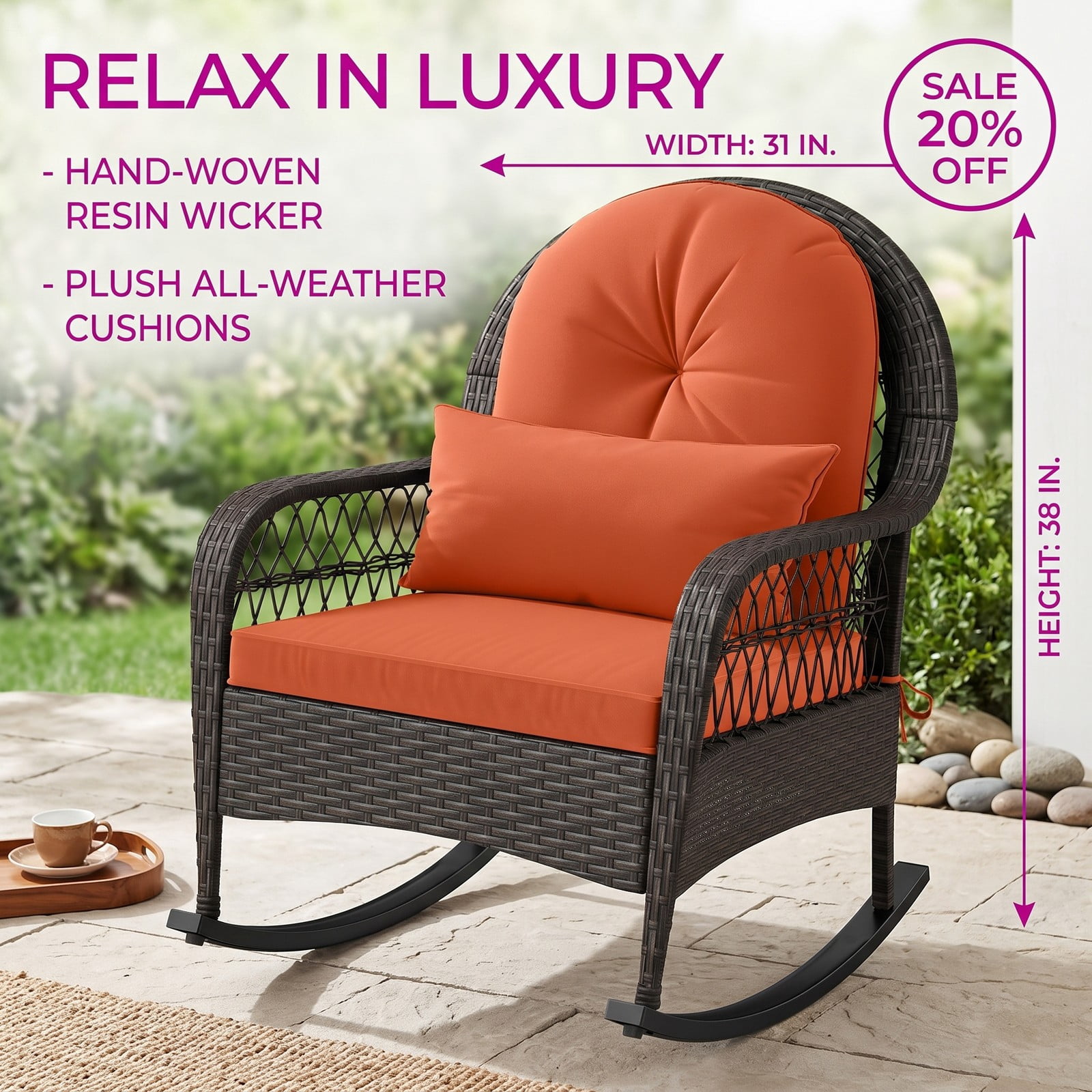 Furnibear Patio Rattan Rocking Chair with Soft Seat, Back Cushions and Waist Pillow for Front Porch, Backyard and Poolside, Red