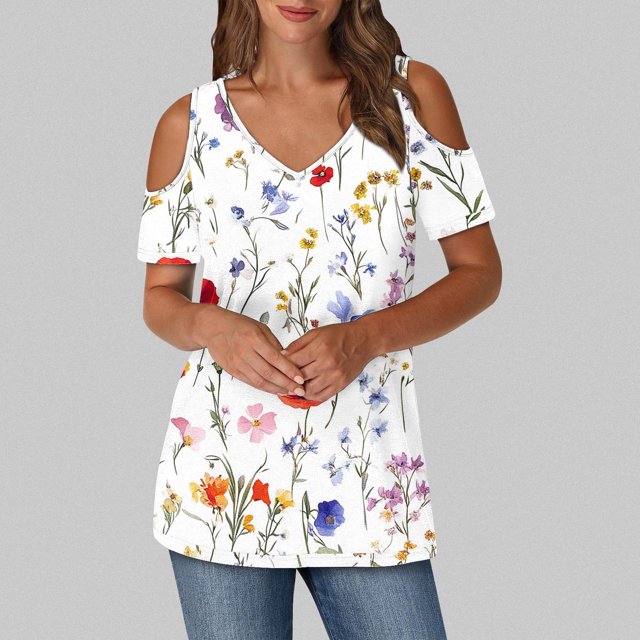 Soki Women's Off Shoulder Tee Clearance Blouses Short Sleeved V-Neck Fashionable Tops