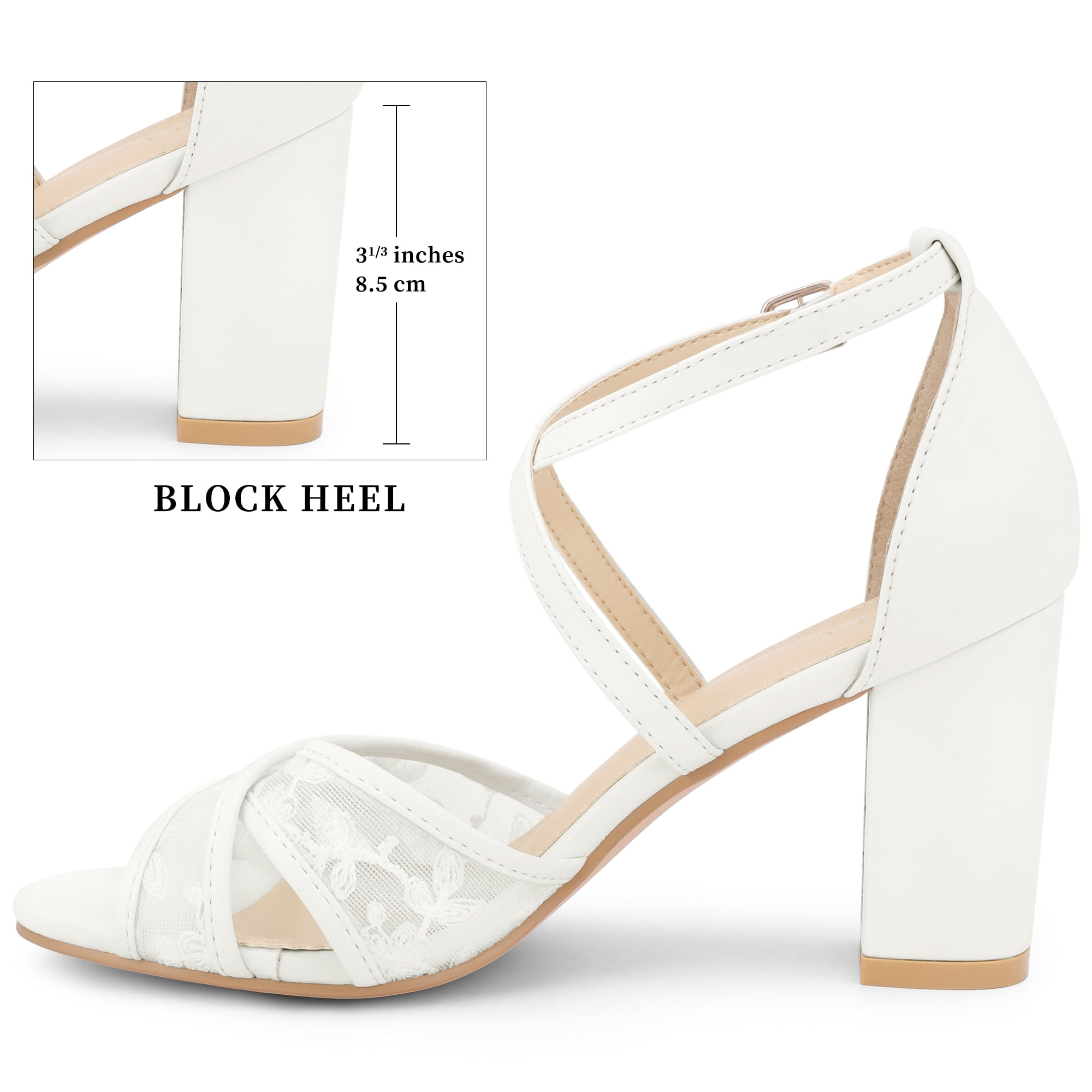 DARING DIVA Women's Lace Cross Strap Open Toe Block High Heels Sandals White 10