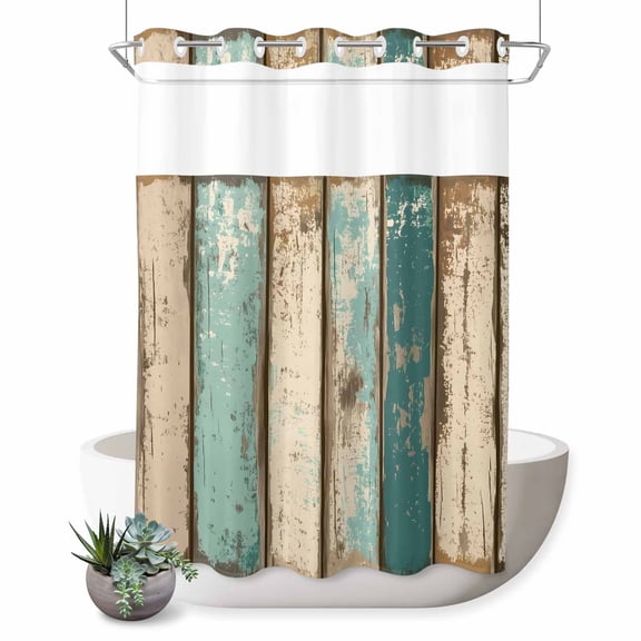 No Hook Shower Curtain, Farmhouse Teal Brown Shower Curtains for Bathroom with See Through Top Window, Vintage Retro Ombre Wooden Waterproof & Washable Bath Curtain Extra Long 72"x96"