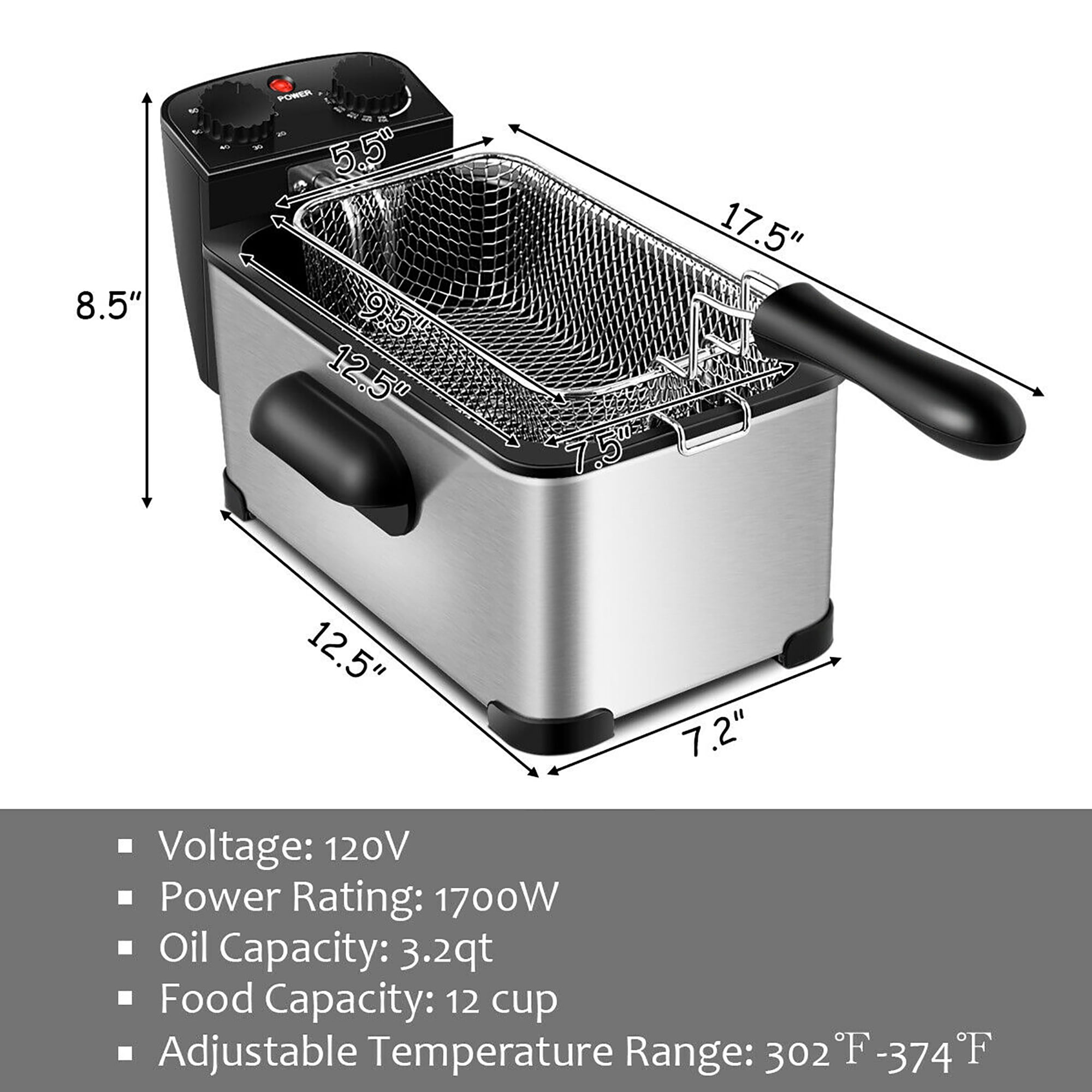 Deep Fryer, 2.8 Liter/3 Quart Oil Capacity with Adjustable Temperature  & Timer - 35035