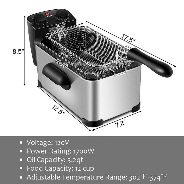 3.2 Quart Electric Stainless Steel Deep Fryer with Timer - Costway
