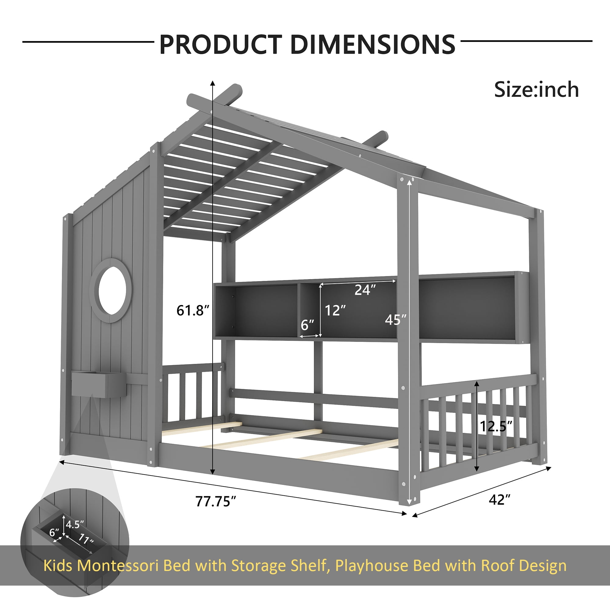 Twin Size Floor House Bed for Toddler, Kids Montessori Bed with Storage Shelf, Playhouse Bed with Roof Design, Gray
