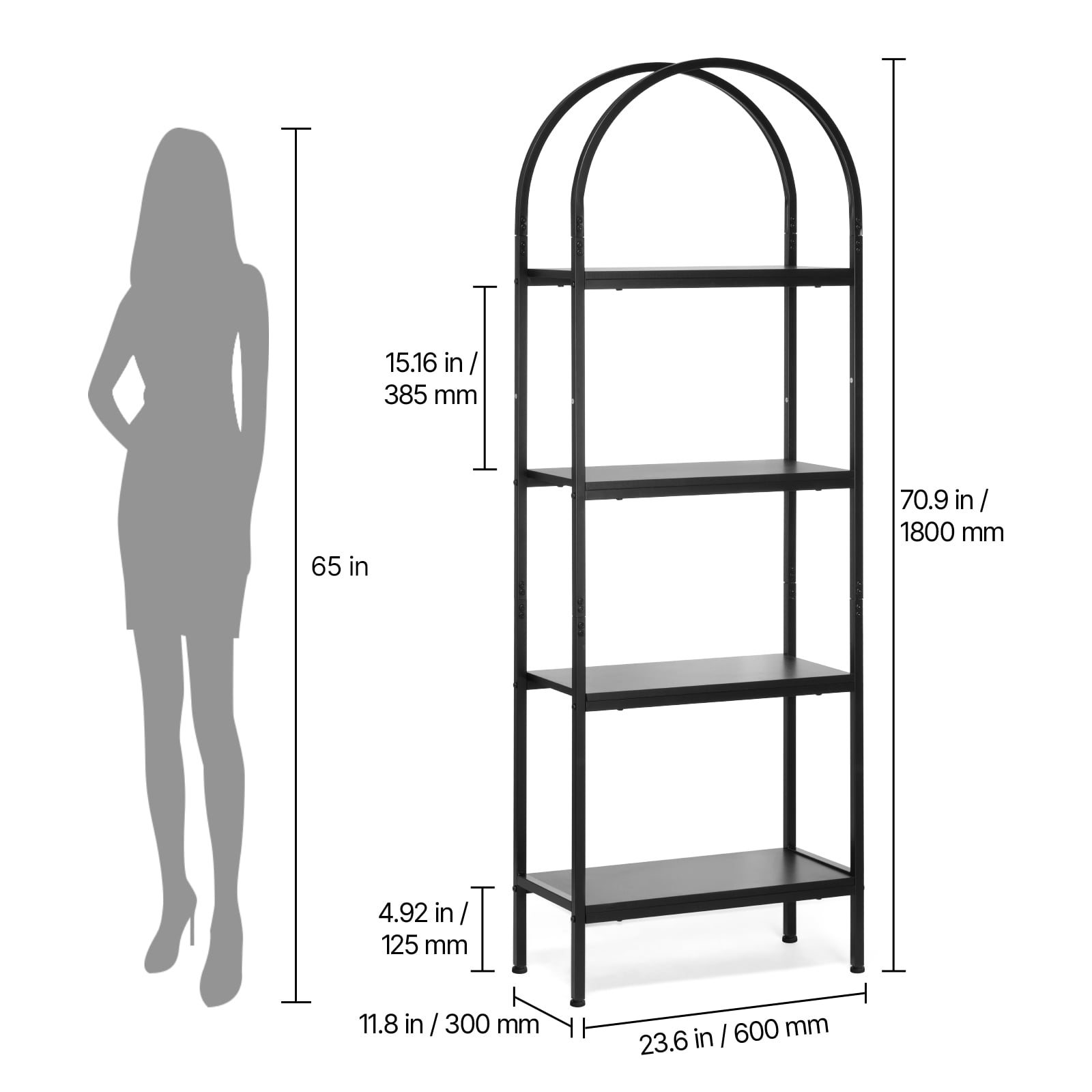 KFFKFF 4-Tier Open Bookshelf with Arched Design, Metal Frame Storage Shelves, Freestanding Industrial Display Rack for Office, Bedroom, or Living Room, Black