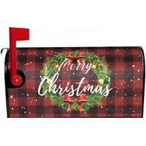 Christmas Mailbox Cover 21" X 18" Black Red Check Plaid Wreath Merry Christmas Magnetic Mailbox Wraps Standard Size Post Letter Box Cover for Outdoor Decoration Garden Decor