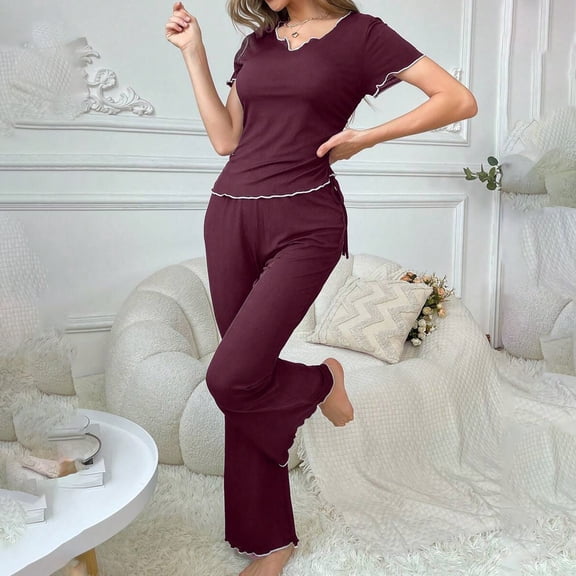 ICHUANYI Womens V-neck Pajamas Short Sleeve Sleepwear Top with Pants Super-Soft Solid Lounge Sets