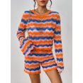 thumbnail image 3 of FOCUSNORM Ensemble de Vêtements pour Femmes 2 Pcs Shorts d'Automne Rayures Patchwork Col Rond Manches Longues Pull Hauts Tricotés Shorts, 3 of 8