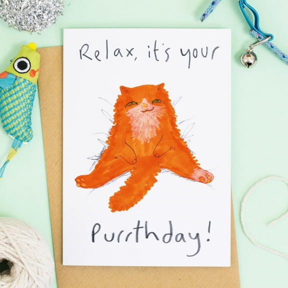 Purrfect Birthday Card for Cat Lovers - "Relax, It's Your Purrthday!" Cute Cat Illustration - Ideal for Friends, Family, and Pet Owners