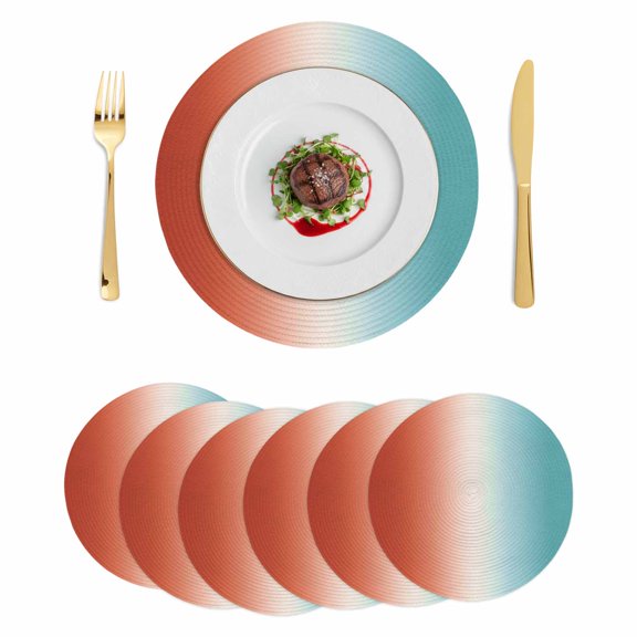 Red Light Blue Ombre Round 15 Inch Placemats Set of 6, Abstract Modern Art Aesthetics HeatResistant Non Slip Place Mats for Dining Table, Wipeable Braided Kitchen Table Mats for Housewarming