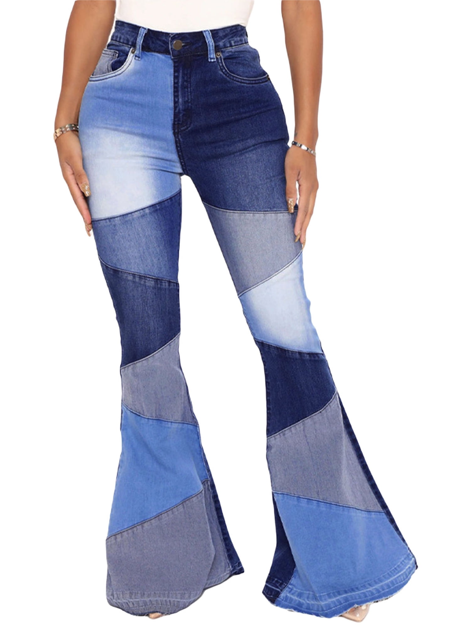 casual patchwork high waist color block jeans