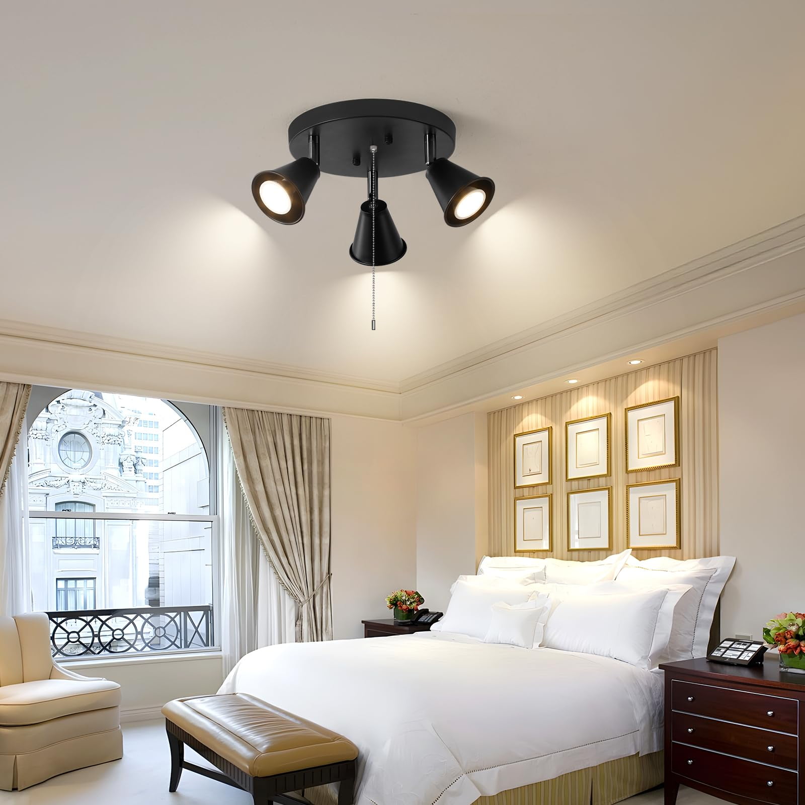Directional Track Lighting Industrial Modern with Pull Chain On Off 3-Light Black Ceiling Spotlight Flush Mount
