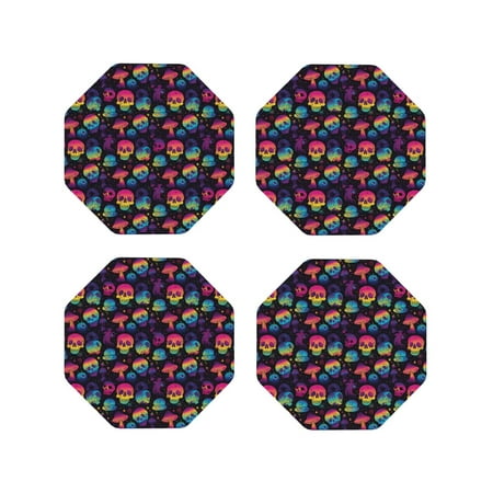 

Fuzoiu Skull mushroom colorful Print Leather Coasters Set Drink Coasters Set of 4 for Tabletop Protection Durable PVC Coasters Home Décor and Housewarming Gift-Octagon