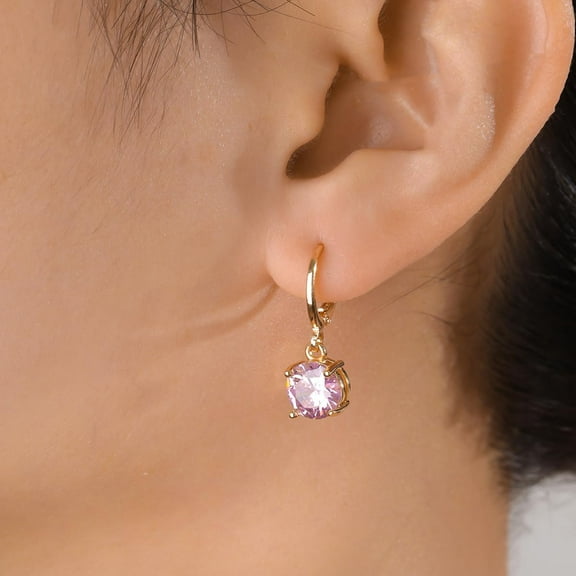 1 Pair Elegant French Style Brass Pave Clear Cubic Zirconia Flat Round Hoop Earrings Golden Pink 1.1x0.19 Inch Pink