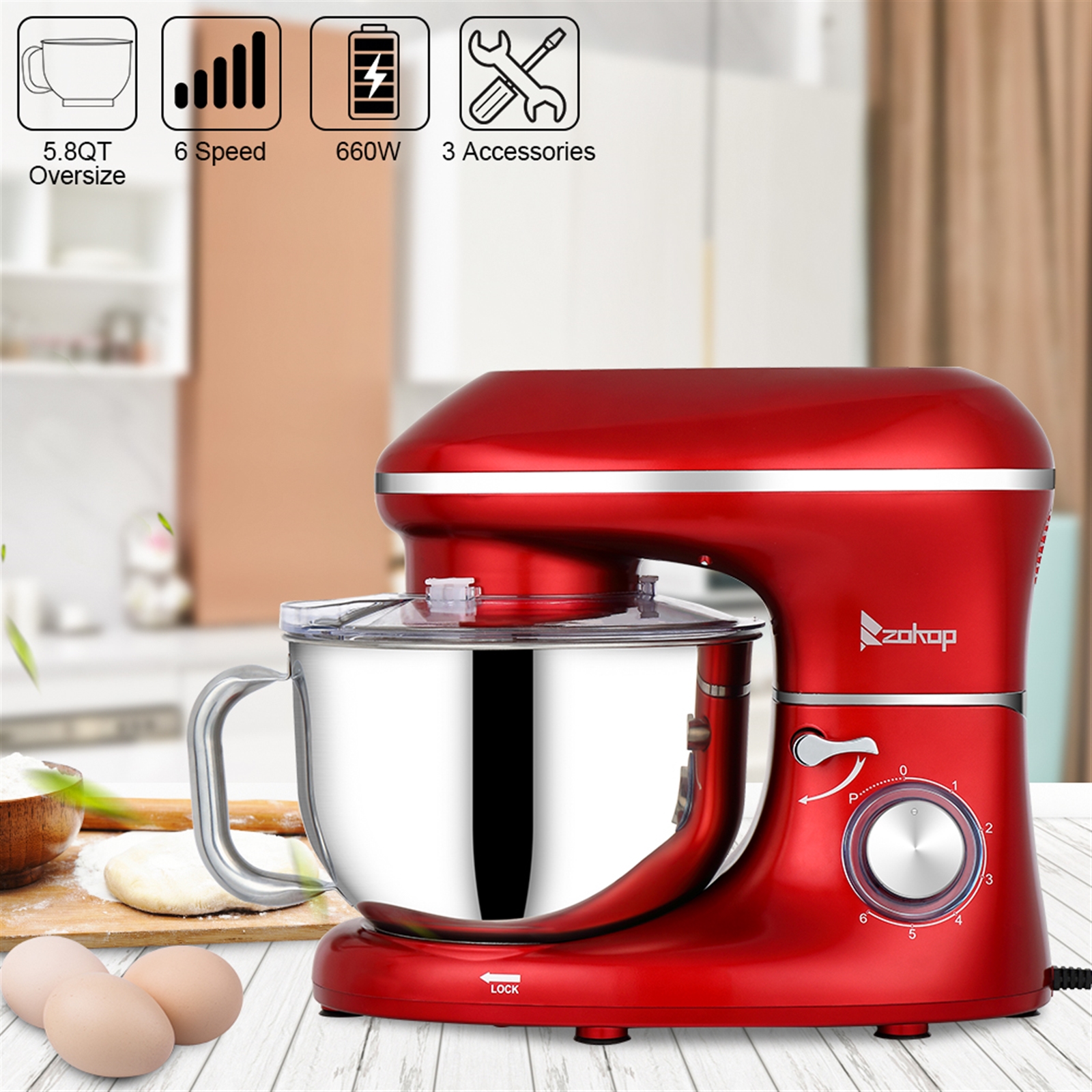 Stand Mixer, 650W 6 Speed 5.8 Quart Tilt-Head Kitchen Electric Food Mixer with Beater, Dough Hook and Wire Whip, Red - image 2 of 7