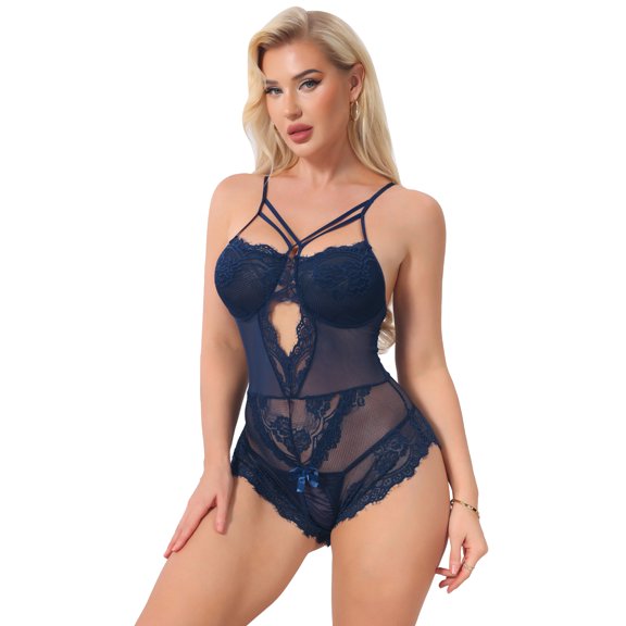 DARING DIVA Women's Floral Lace Bodysuit Crisscross Cut Out Lingerie Nightgown XL Blue