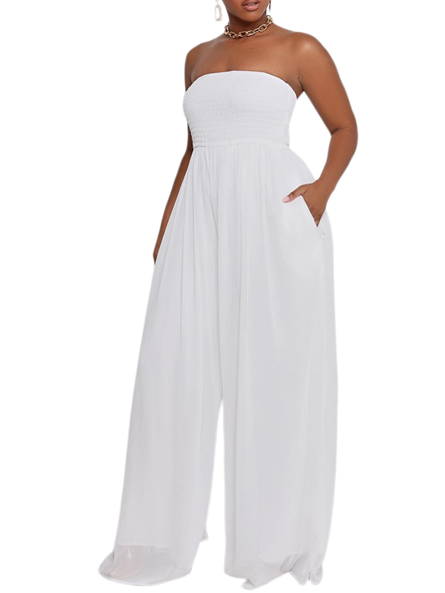 Loliuicca Women Summer Chiffon Jumpsuit Tube Top Mopping Solid Color Strapless Wide Leg Pants One Piece Rompers