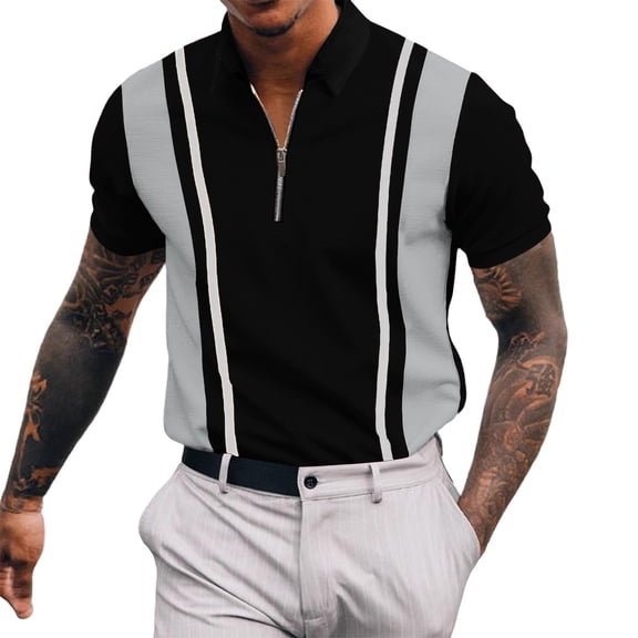 Ceisia Men's Polo Shirt | Slim Fit Half-Zip Short Sleeve Striped Polo | Color-Block Design (Multiple Colors) Gift