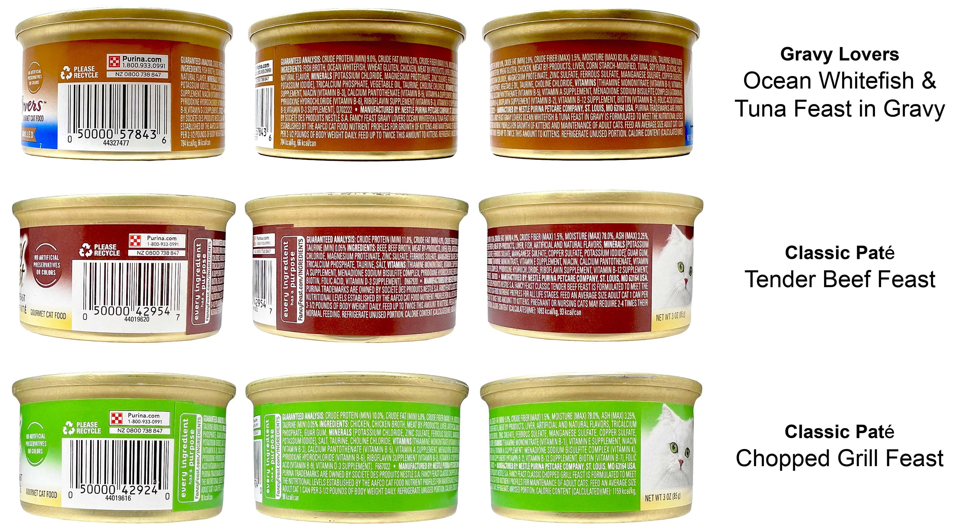 Fancy Feast Cat Food 3 Flavor Variety (2) Each: Ocean Whitefish in Gravy, Chopped Grill, Tender Beef | MerlinsMart Zine & Percy Loves Pal Furresher