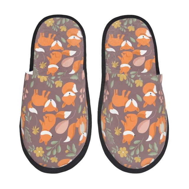 Balery Cute Little Fox Pantuflas de Casa de Felpa Silenciosas con Diseño Estampado, Zapatillas Cómodas Antideslizantes de Algodón para Interior-Large