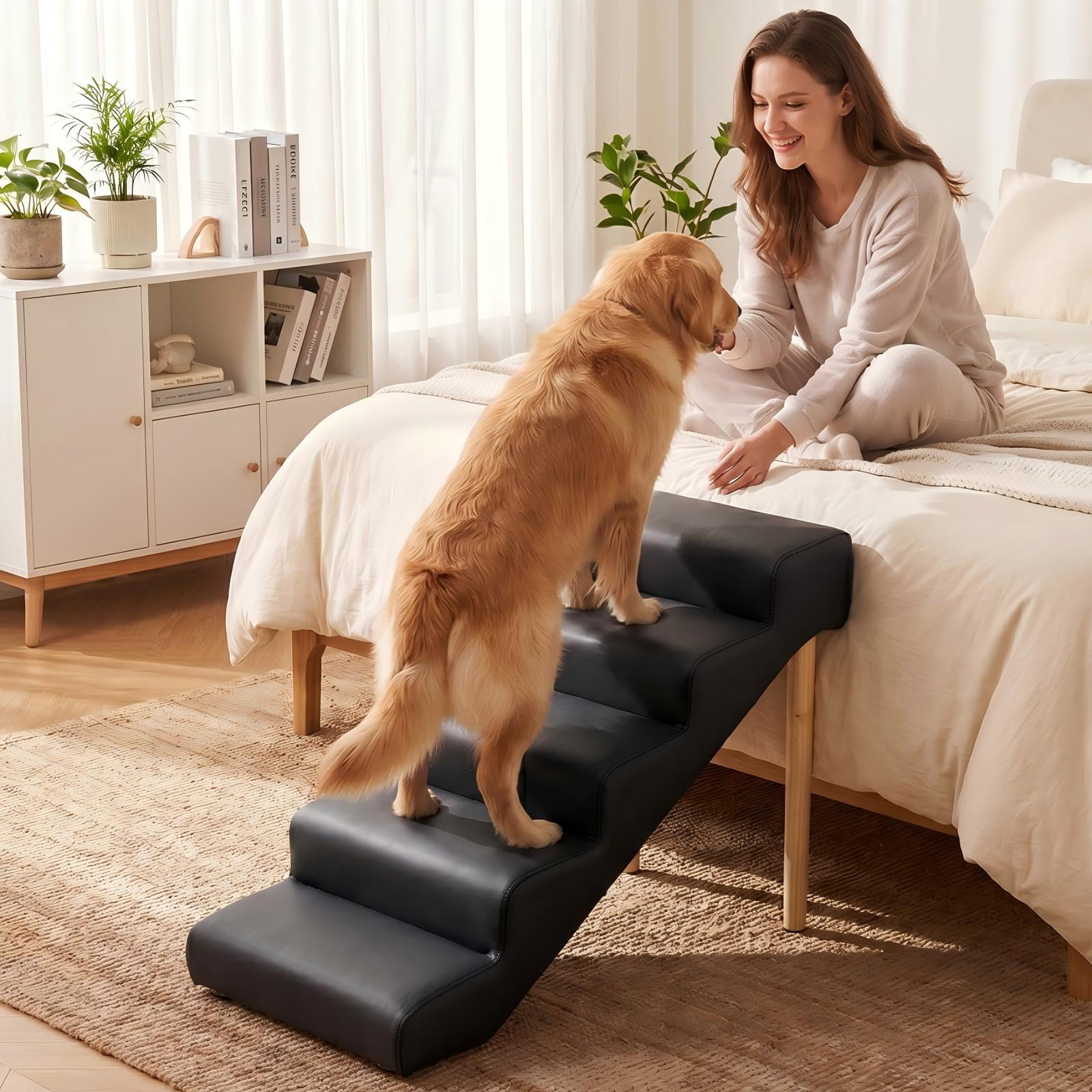 Avaloomia Home 5-Step 23.6 Dog Stairs for Small Dogs Cats Non‑Slip Solid Wooden Frame & Legs Leather Easy Clean Pet Steps for High Bed Couch Black