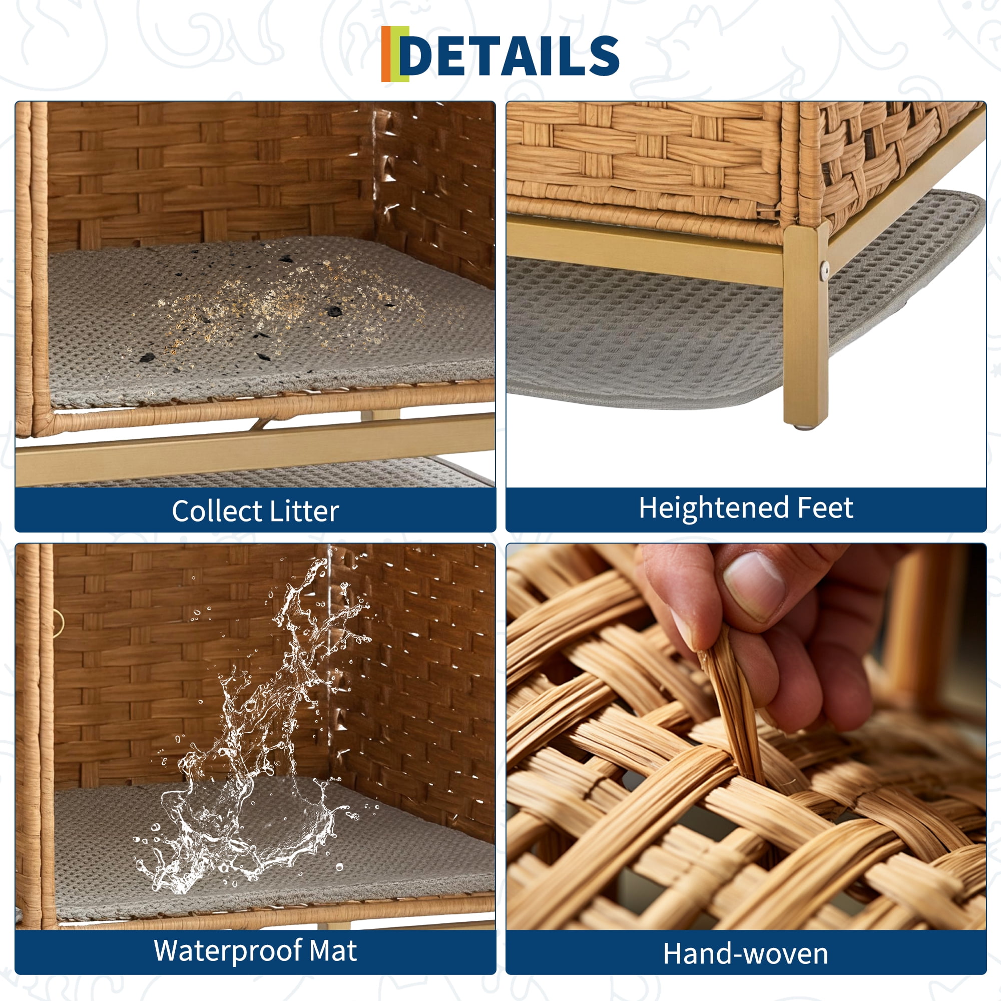 Rattan Double Cat Litter Box Enclosure - Hidden Cabinet for 2 Cats with Removable Mat, S-Shaped Hooks & Play Game - Decorative Large Cat Washroom Furniture for Living Room or Bedroom - Natural Color