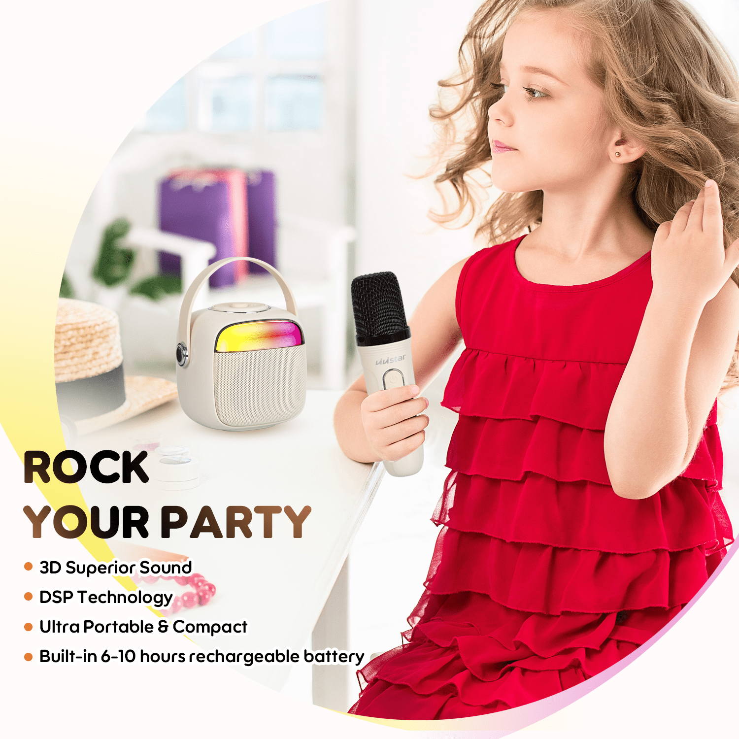 VIVISTAR Karaoke Machine for Kids Portable Bluetooth Speaker with 2 Wireless Microphones Mini Karaoke Speaker with LED Lights Birthday Gifts for Adults Girls Boys Family Home Party Outdoor (White)
