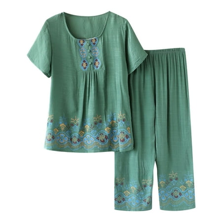 

Xihbxyly Linen Sets for Women 2 Piece Button Down Pajamas for Women Plus Size Summer Outfits Printed Loungewear Short Sleeve Button Down Two Piece Shirt Cropped Pants Green XXXXL Clearance for Women