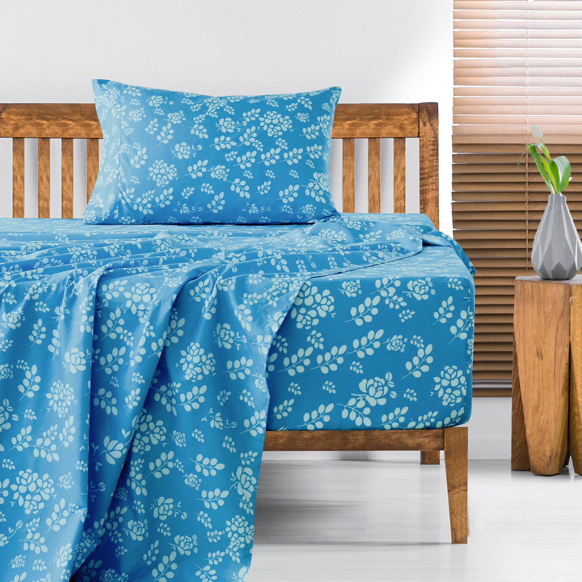 Lux Decor Twin Microfiber Bed Sheets - 3 Piece Floral Sheet Set, Soft Breathable Bedding, Wrinlkle Resistant, OEKO-TEX Certified, Blue