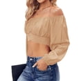 thumbnail image 2 of Solid Color Long Sleeved Women Off Shoulder Crop Tops Sexy Blouse, 2 of 5