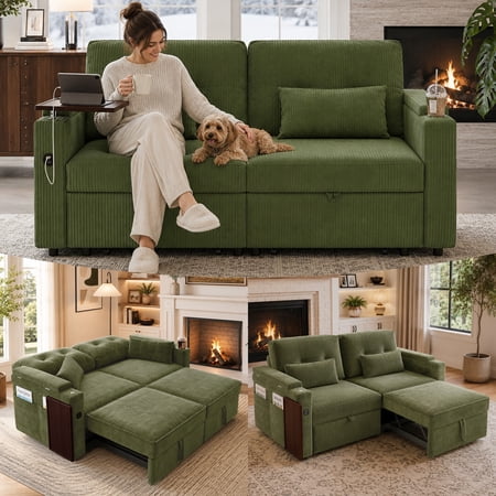 73" Queen Size Sofa Bed, Loveseat Sleeper Sofa with Pull Out Bed, 360° Swivel Table and USB, Modern 2 Seater Convertible Corduroy Couch for Living Room Bedroom Apartment, Green