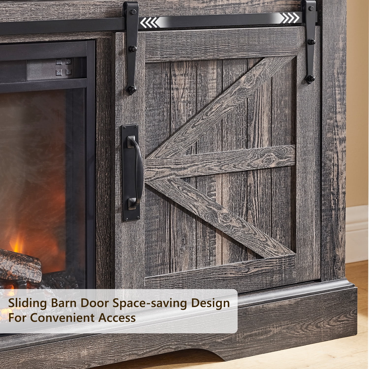 KeyWhat Farmhouse Fireplace TV Stand for TVs up to 70", 24" Electric Fireplace & Barn Door