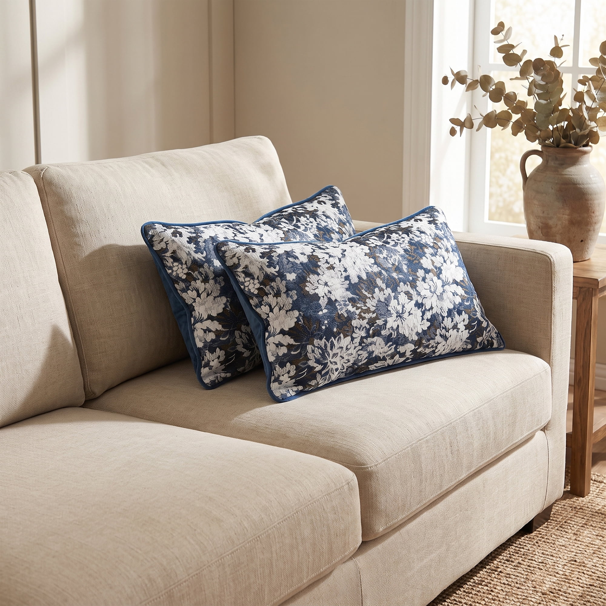 Unique Bargains Floral Throw Pillow Cover with Piped Edge Decor Cushion Case Blue 20"x12"