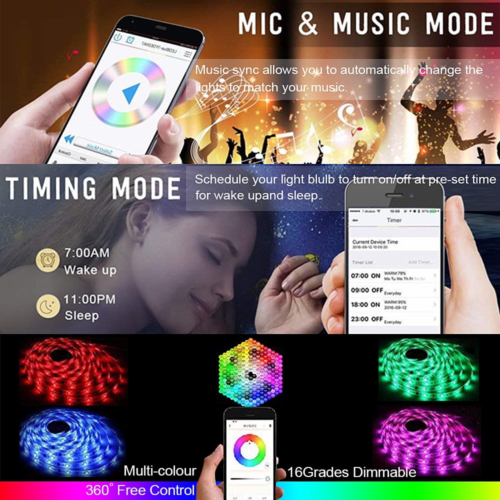 AlexTong 16.4Ft Led Strip Lights, Color Changing Light Strip Music Sync App Remote Control 5050 Led Lights with Built-in Mic Smart Led Lights for Bedroom Room TV Party DIY Decoration