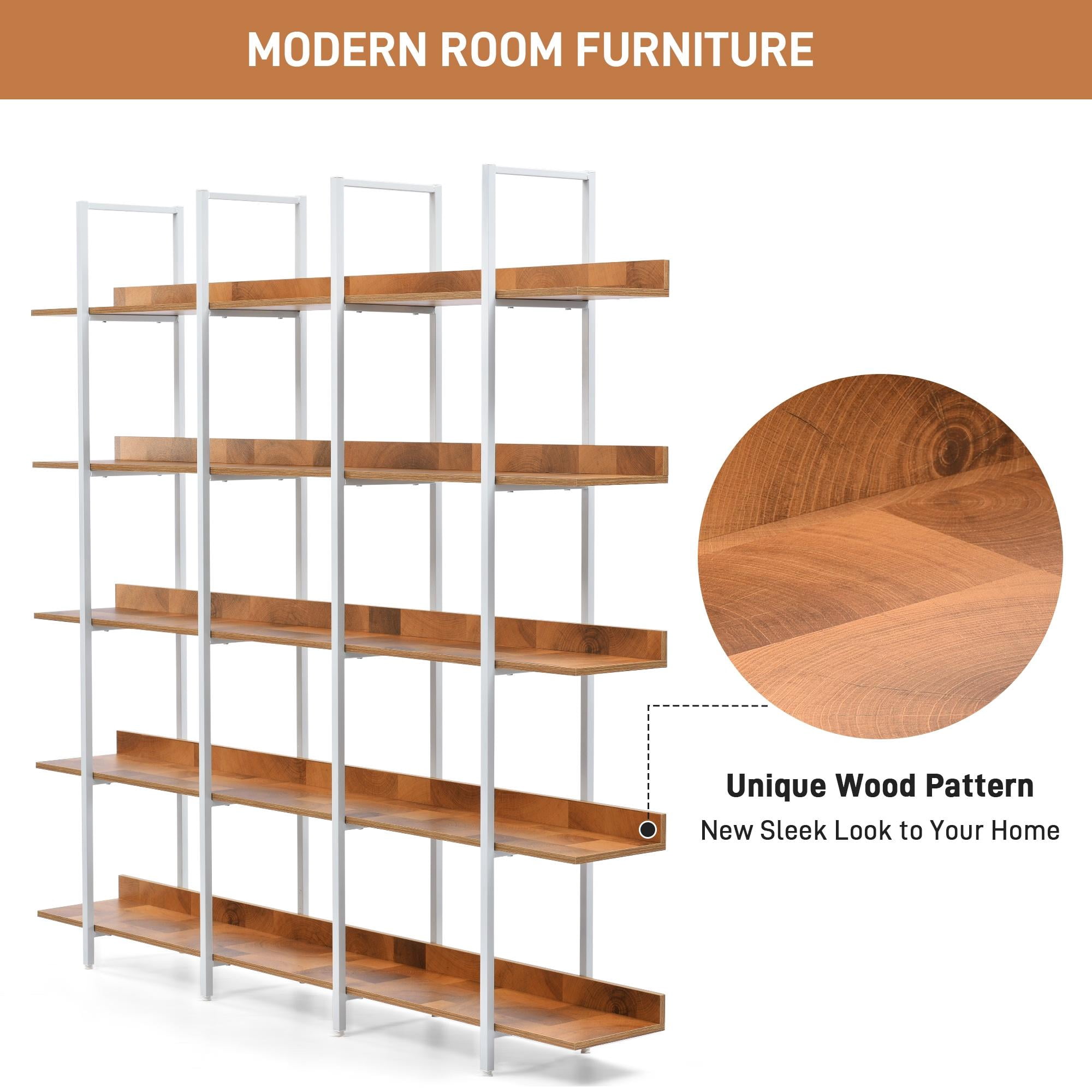 PORKISS 5 Tier Bookcase, Wood & Steel Open Bookshelf with Metal Frame, Square Vintage Industrial Style Tall Bookshelf, Modern Freestanding Etagere Bookcase for Home Office, Brown/White