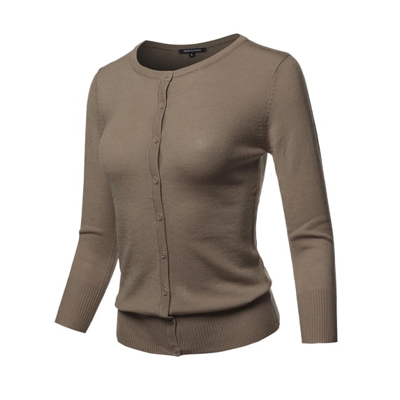 FashionOutfit Women's Solid Crew Neck Button Down 3/4 Sleeves Knit Cardigan