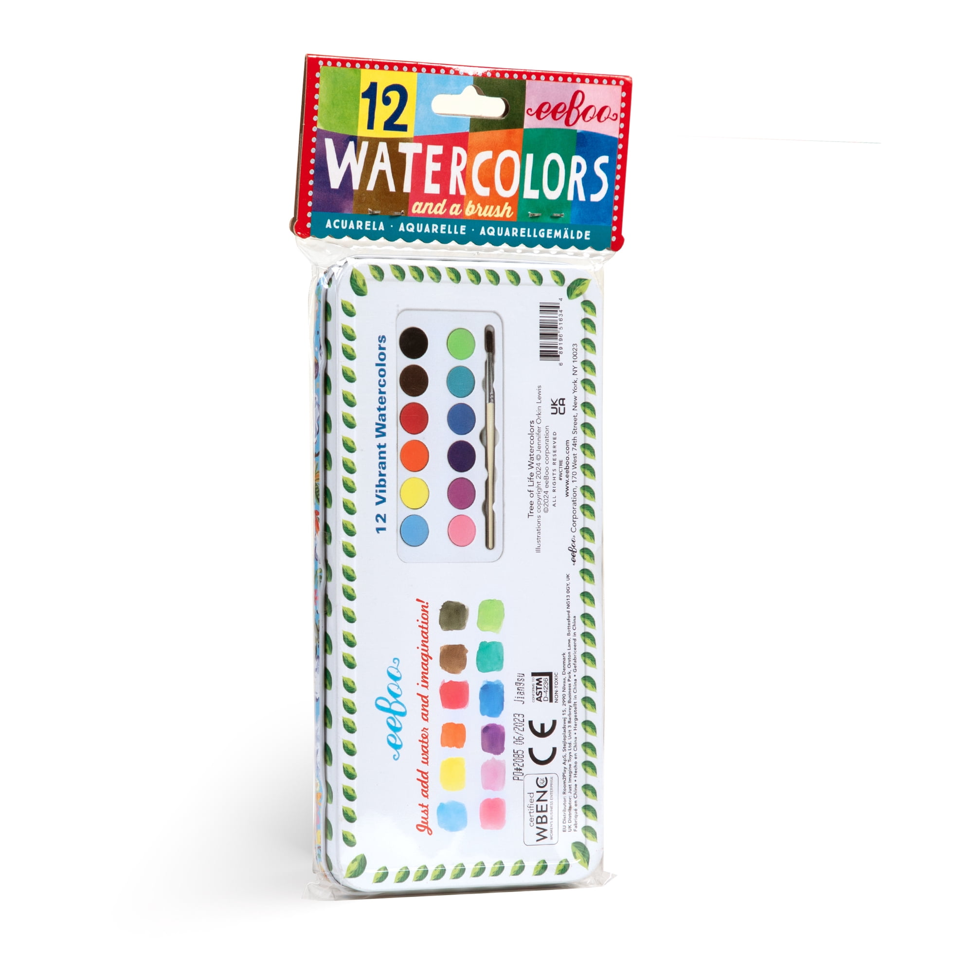 eeBoo: Tree of Life 12 Watercolors - Paint Set w/ High Quality Brush, Beautiful Design Tin Box, 12 Vibrant Colors, Kids Art Supplies, Ages 3+