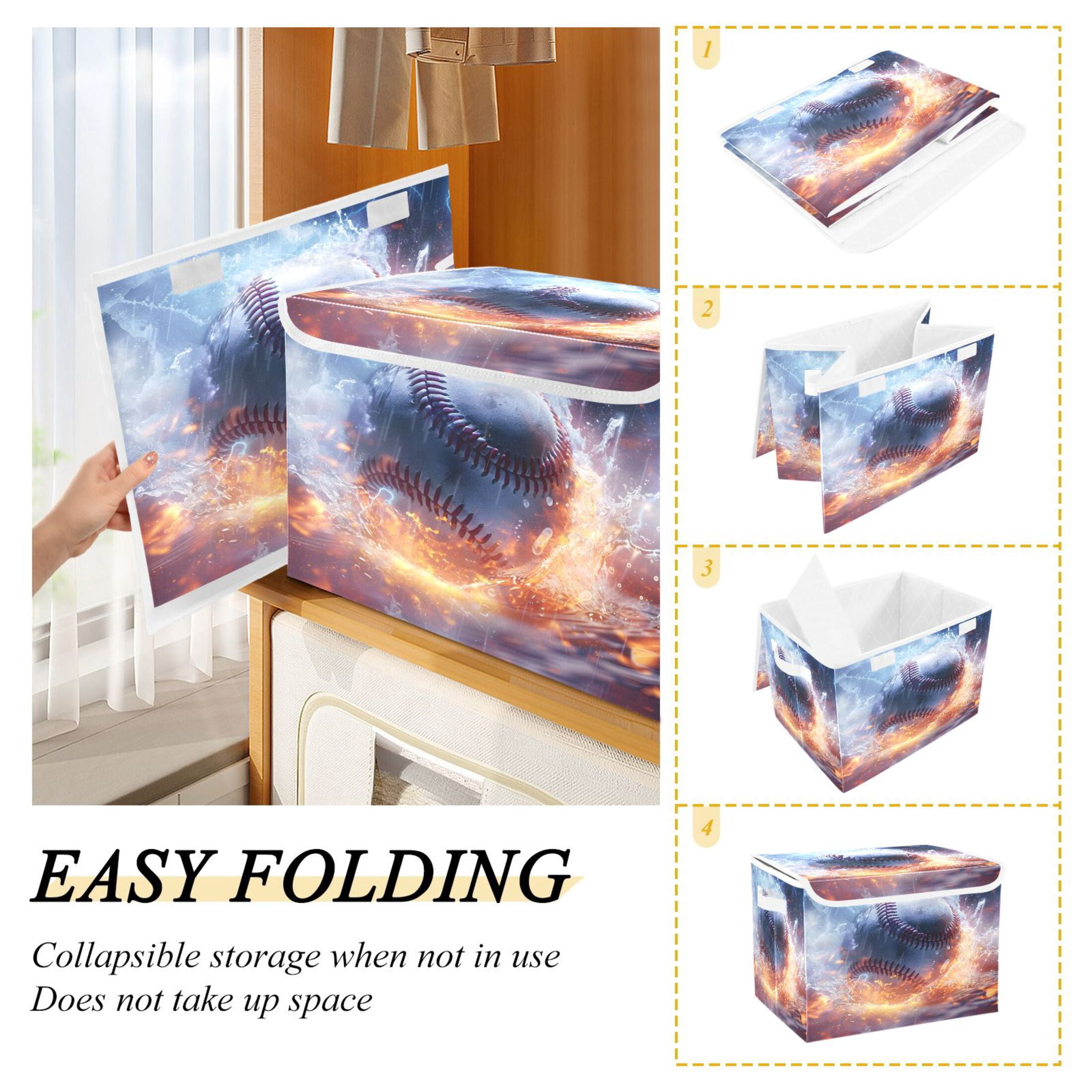 Ryvnso Baseball on Fire Large Lidded Foldable Storage Baskets Cubes Boxes Lids Bin for Home
