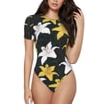 thumbnail image 2 of Uemuo Lilies Flowers Pattern Women's One Piece Short Sleeve Swimsuit Rash Guard Surfing Modest Quick-drying Swimsuit Beach Essentials-, 2 of 9