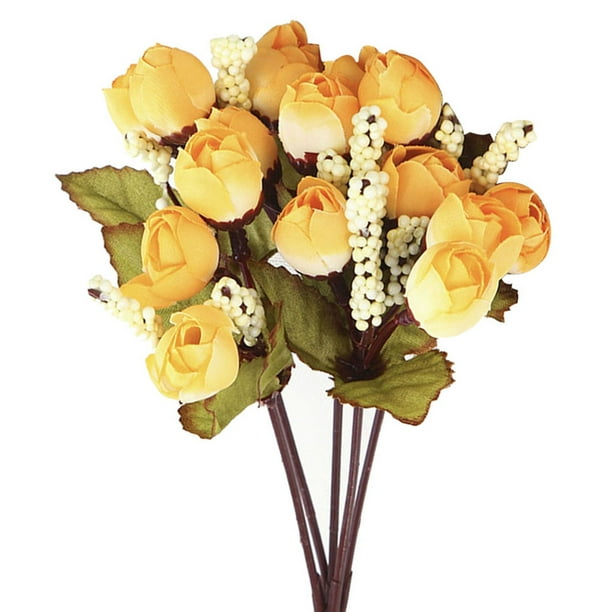 Injueey Ramo de flores artificiales de 15 cabezas, decoración de ramo de capullos de rosas falsos para boda Flores artificiales G20 otoño estrella brote amarillo