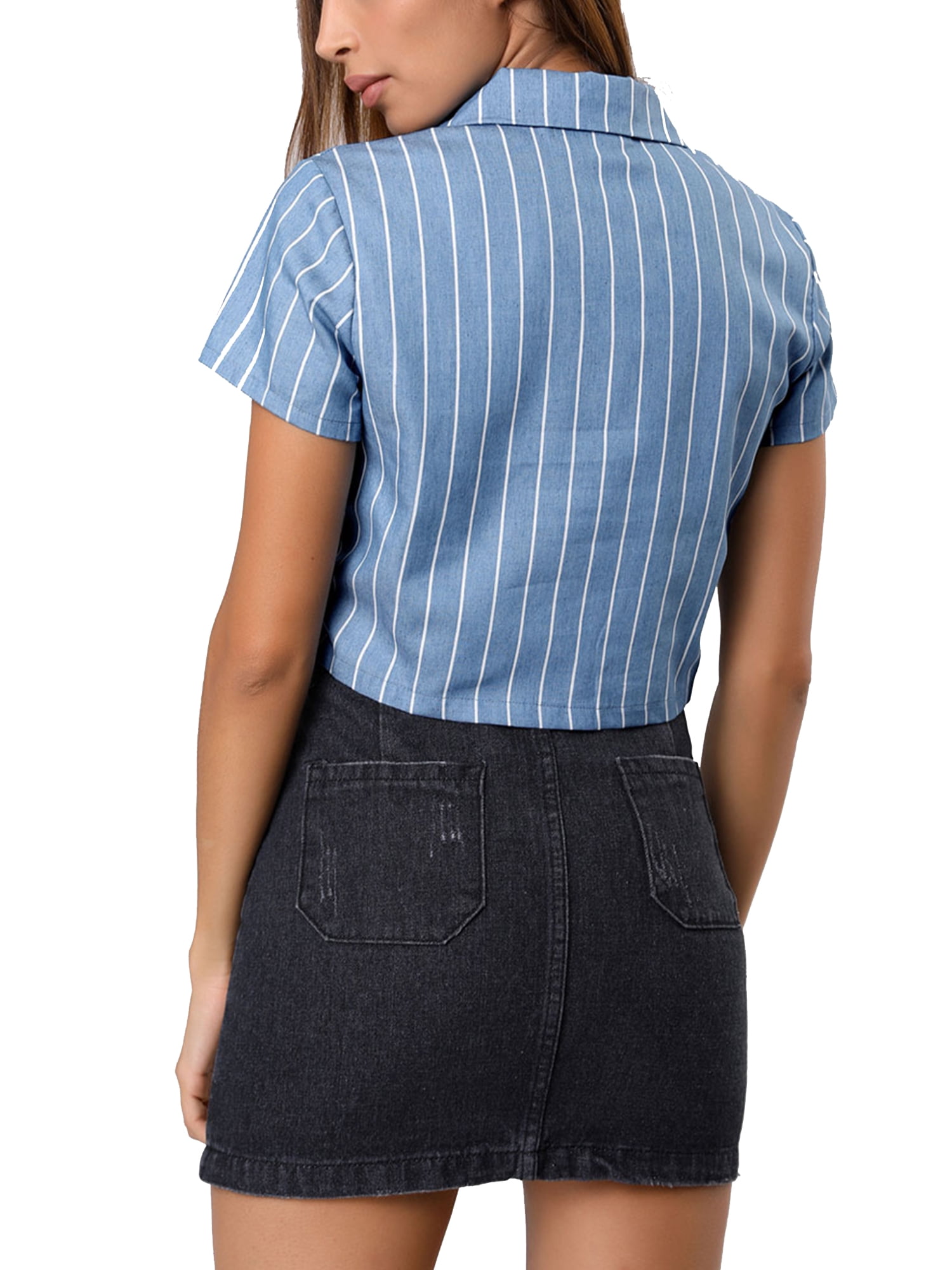 DARING DIVA Women's Striped Button Up Short Sleeve Tie Front Crop Shirt L Blue