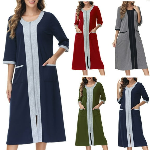 Feancey 3/4 Length Sleeve Womens Robes Long Casual Cotton Nightgowns Zip Up Trendy Colorblock Sleepwear Soft Comfy Housecoat with Pockets Clearance Sale Gray XL