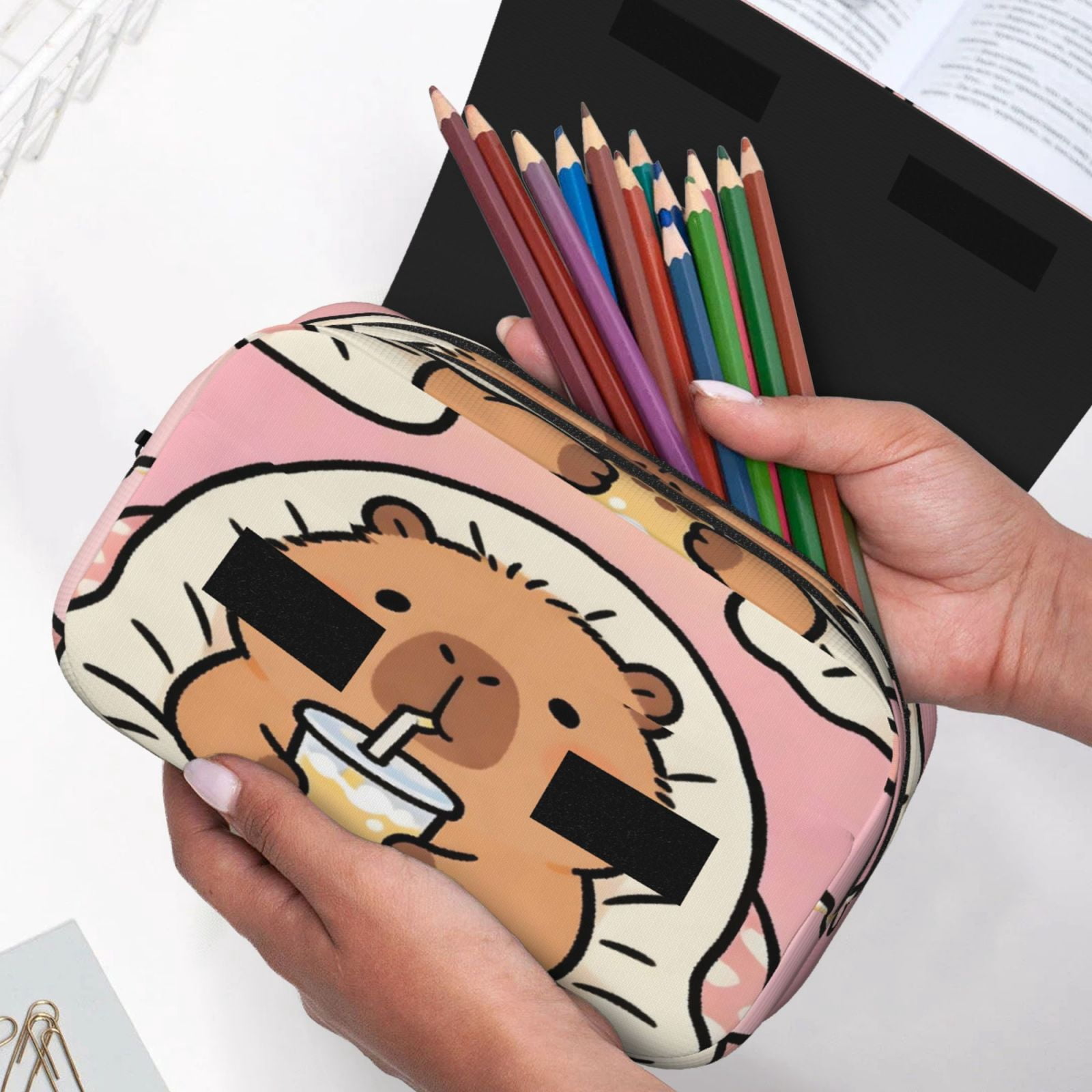 Large-Capacity Flip-Top Double-Layer Pencil Case, Multi-Functional Pocket Pen Case, Durable Stationery Organizer Capybara Lounging While Sipping Bubble Tea